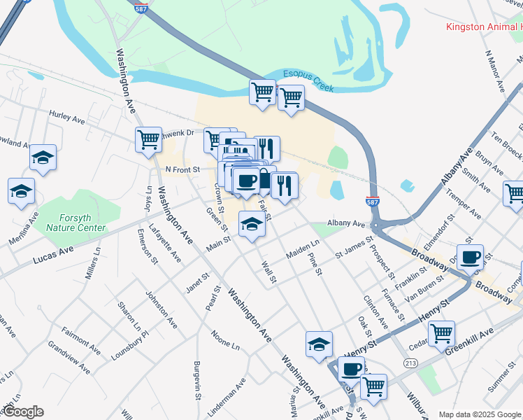 map of restaurants, bars, coffee shops, grocery stores, and more near 236 Wall Street in Kingston