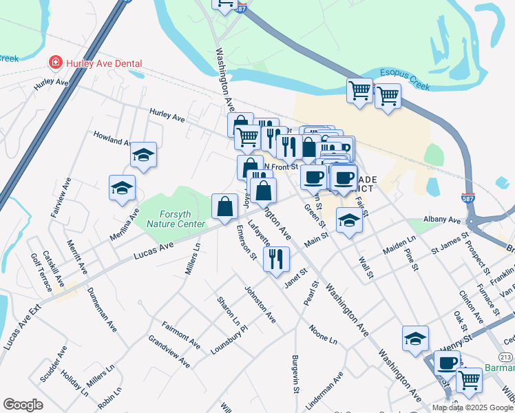 map of restaurants, bars, coffee shops, grocery stores, and more near 62 Lafayette Avenue in Kingston