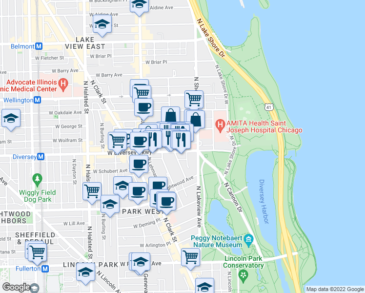 map of restaurants, bars, coffee shops, grocery stores, and more near 427 West Diversey Parkway in Chicago