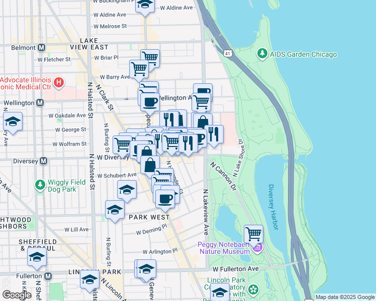 map of restaurants, bars, coffee shops, grocery stores, and more near 427 West Diversey Parkway in Chicago