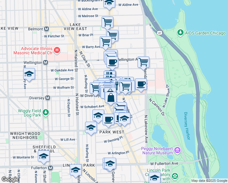 map of restaurants, bars, coffee shops, grocery stores, and more near 2727 North Lehmann Court in Chicago