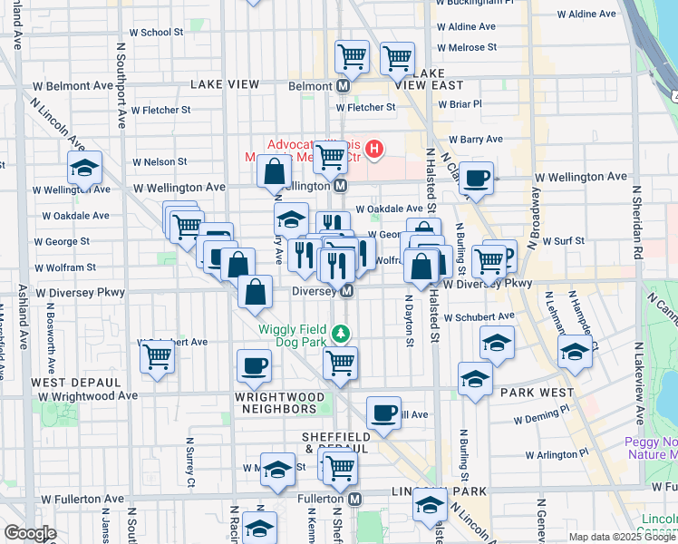 map of restaurants, bars, coffee shops, grocery stores, and more near in Chicago