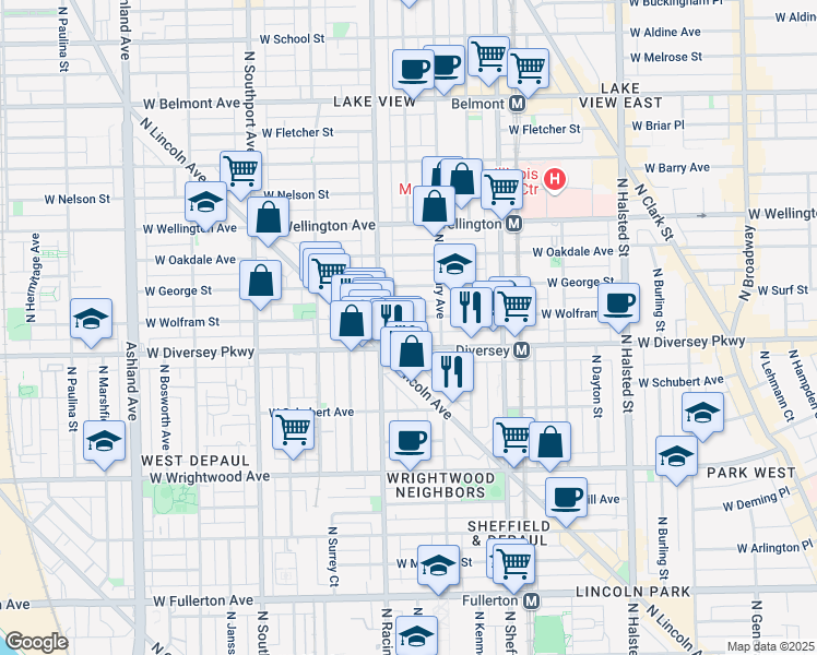 map of restaurants, bars, coffee shops, grocery stores, and more near 1124 West Diversey Parkway in Chicago