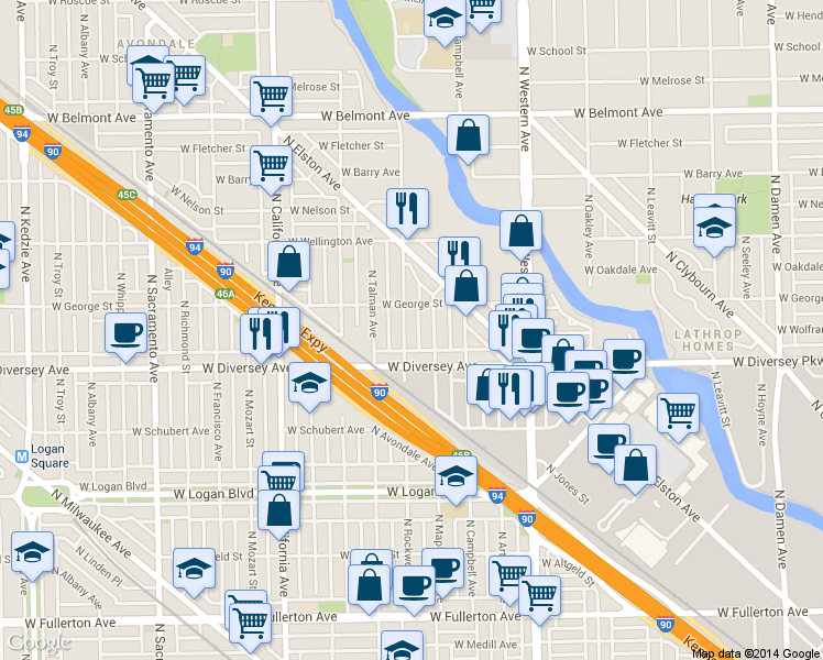 map of restaurants, bars, coffee shops, grocery stores, and more near 2600 West Diversey Avenue in Chicago
