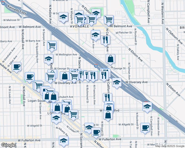 map of restaurants, bars, coffee shops, grocery stores, and more near 2814 North Francisco Avenue in Chicago