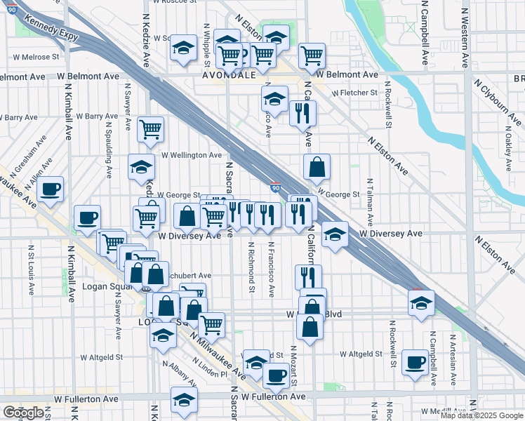 map of restaurants, bars, coffee shops, grocery stores, and more near 2814 North Francisco Avenue in Chicago