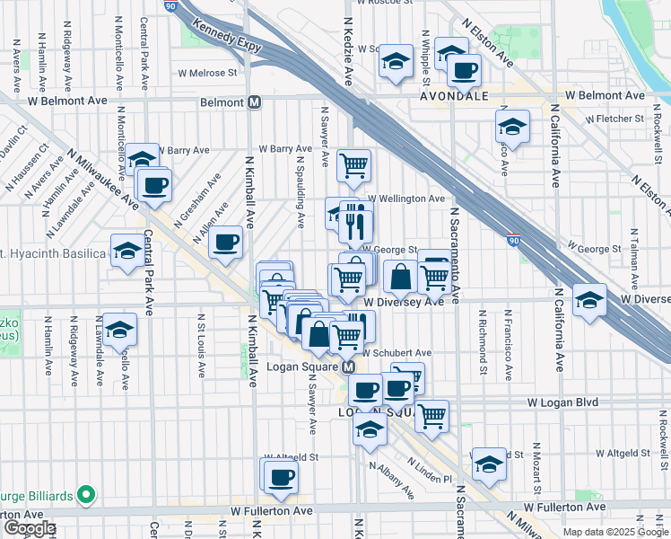 map of restaurants, bars, coffee shops, grocery stores, and more near 2814 North Kedzie Avenue in Chicago