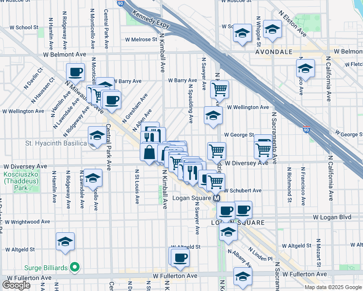 map of restaurants, bars, coffee shops, grocery stores, and more near 2817 North Christiana Avenue in Chicago