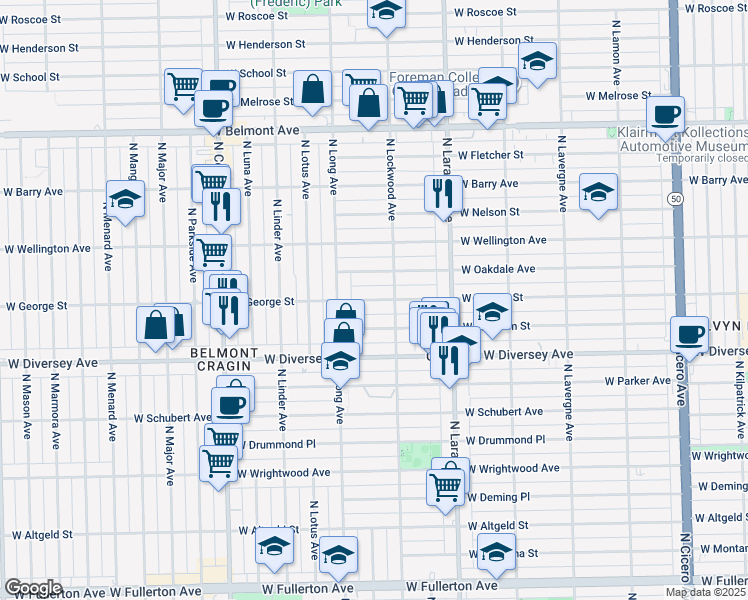 map of restaurants, bars, coffee shops, grocery stores, and more near 5338 West Wolfram Street in Chicago