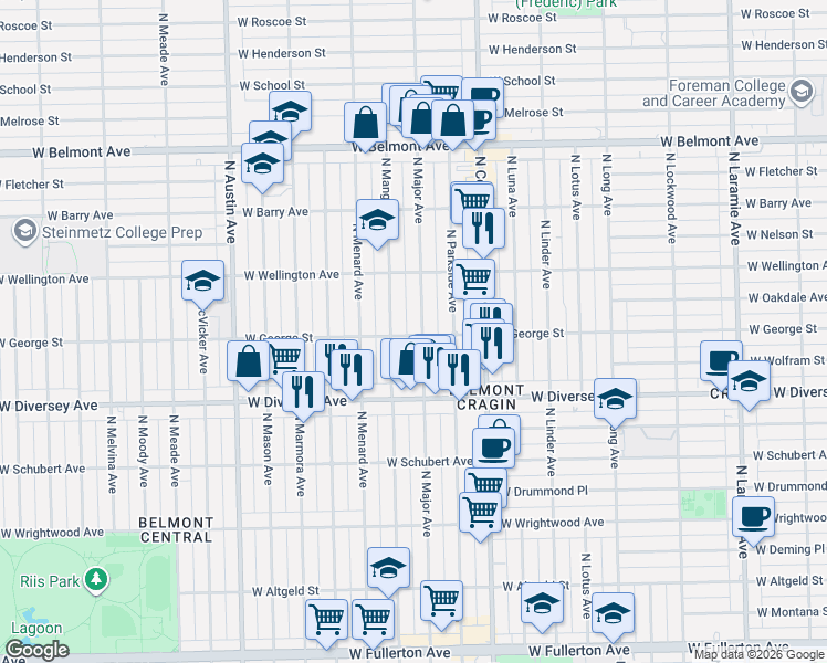 map of restaurants, bars, coffee shops, grocery stores, and more near 2843 North Mango Avenue in Chicago