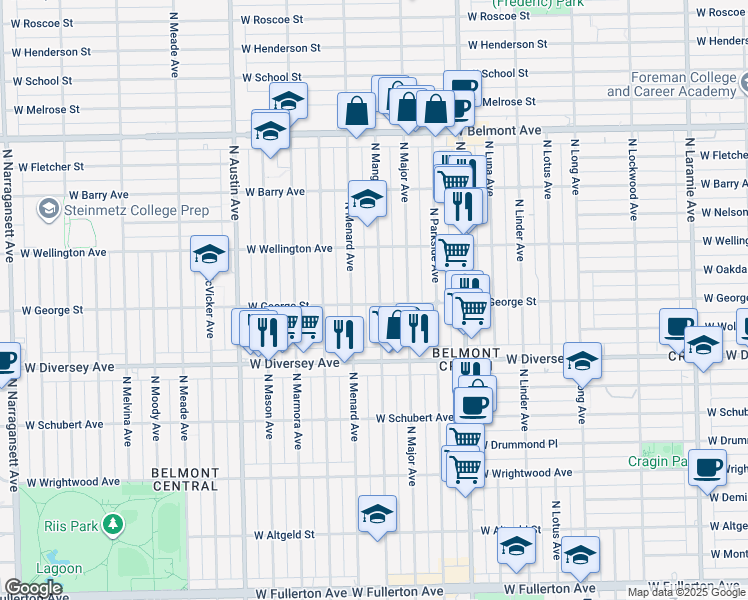 map of restaurants, bars, coffee shops, grocery stores, and more near 2843 North Mango Avenue in Chicago