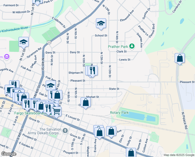 map of restaurants, bars, coffee shops, grocery stores, and more near 1122 Pleasant Street in DeKalb