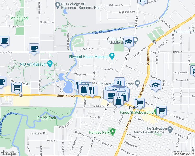 map of restaurants, bars, coffee shops, grocery stores, and more near 154 Park Avenue in DeKalb