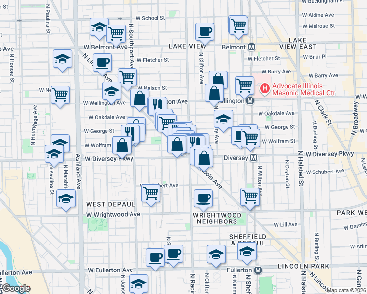 map of restaurants, bars, coffee shops, grocery stores, and more near in Chicago