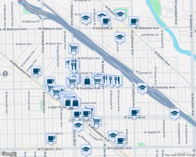 map of restaurants, bars, coffee shops, grocery stores, and more near 2815 North Whipple Street in Chicago