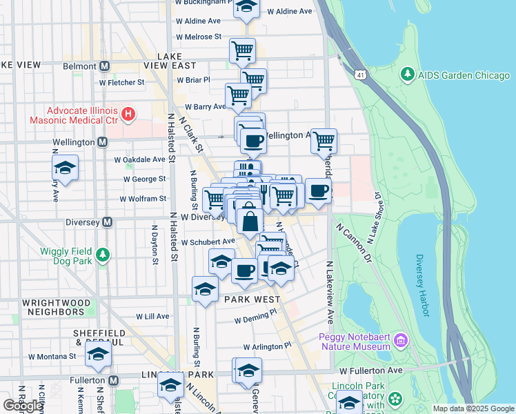 map of restaurants, bars, coffee shops, grocery stores, and more near 600 West Diversey Parkway in Chicago