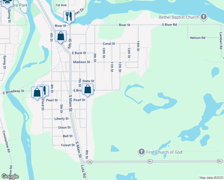 map of restaurants, bars, coffee shops, grocery stores, and more near 1110 East Broadway Street in Three Rivers