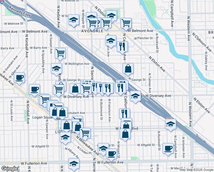 map of restaurants, bars, coffee shops, grocery stores, and more near 2814 North Francisco Avenue in Chicago