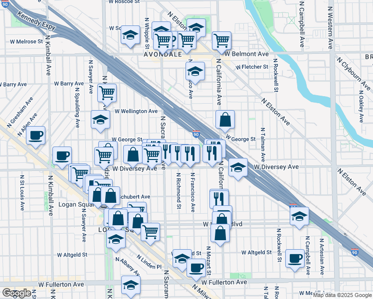 map of restaurants, bars, coffee shops, grocery stores, and more near 2814 North Francisco Avenue in Chicago