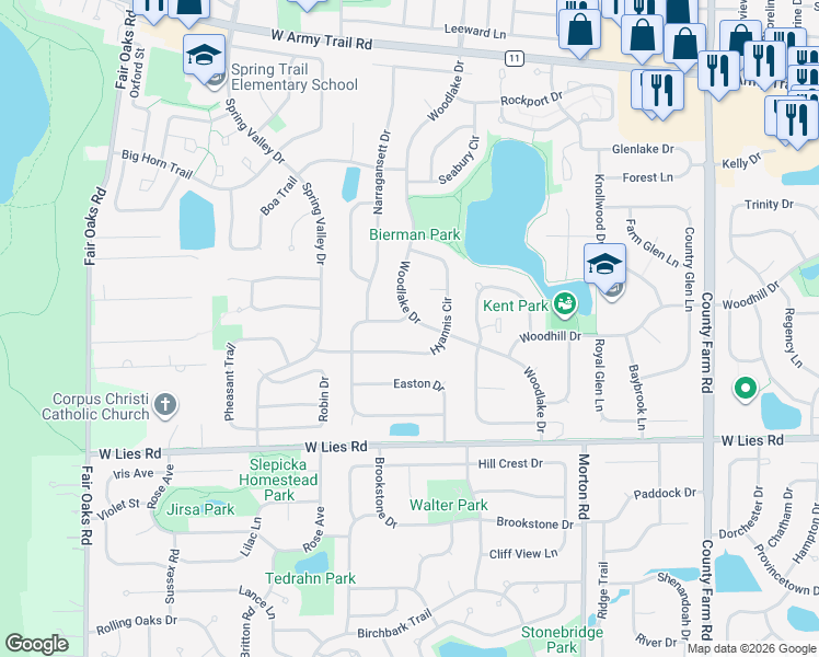 map of restaurants, bars, coffee shops, grocery stores, and more near 1156 Woodlake Drive in Carol Stream