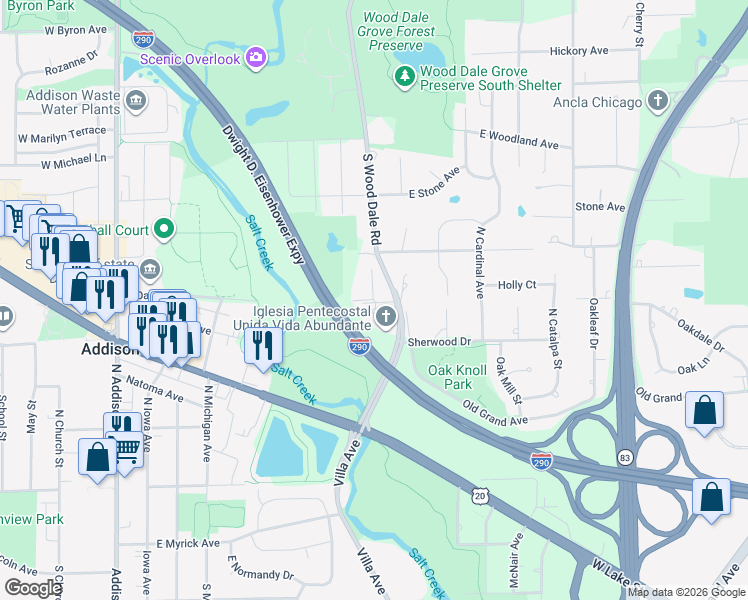 map of restaurants, bars, coffee shops, grocery stores, and more near 290 North Hillcrest Avenue in Addison