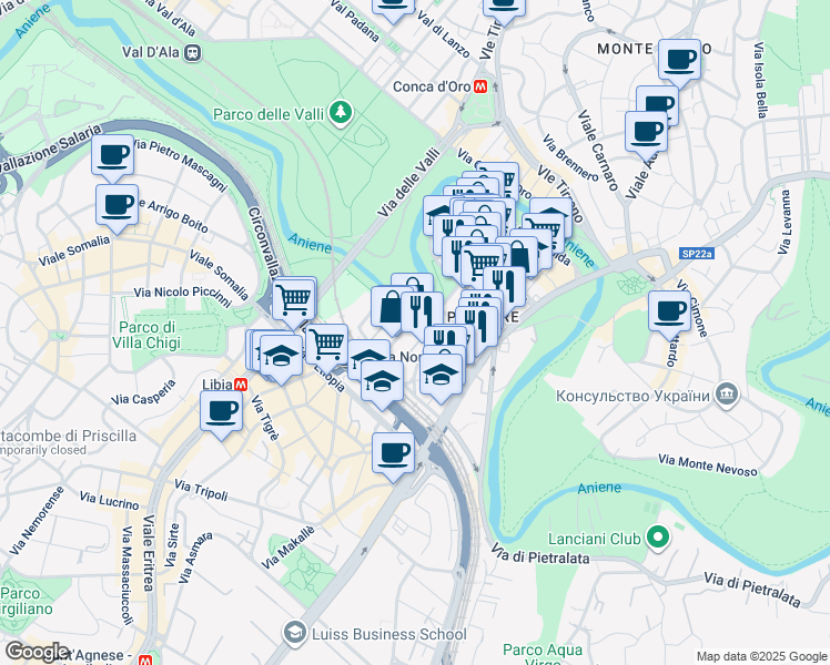 map of restaurants, bars, coffee shops, grocery stores, and more near 31 Via Val Chisone in Rome