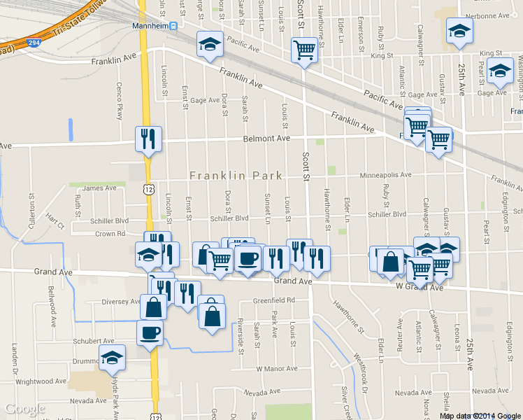 map of restaurants, bars, coffee shops, grocery stores, and more near 10108 Schiller Blvd in Franklin Park