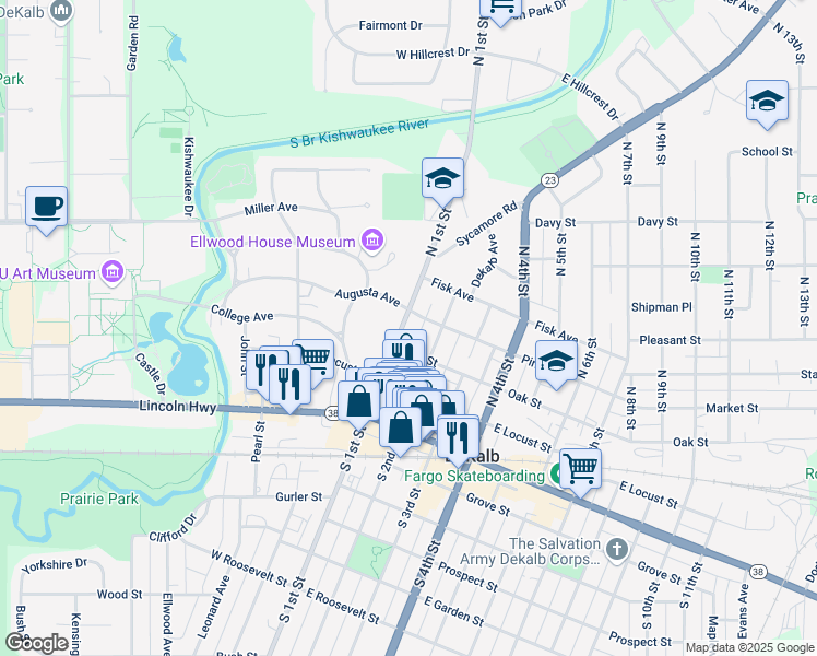 map of restaurants, bars, coffee shops, grocery stores, and more near 2626 North Annie Glidden Road in DeKalb
