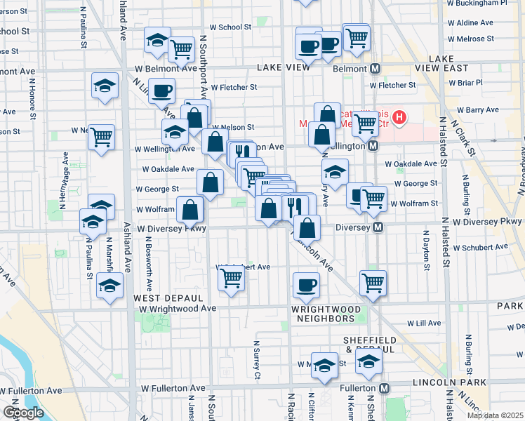 map of restaurants, bars, coffee shops, grocery stores, and more near 2853 North Lincoln Avenue in Chicago