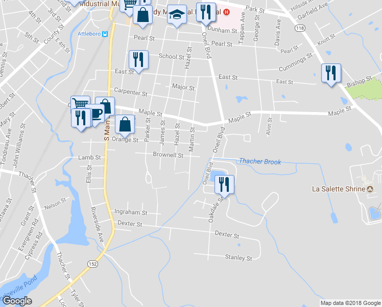 map of restaurants, bars, coffee shops, grocery stores, and more near 32 Martin Street in Attleboro