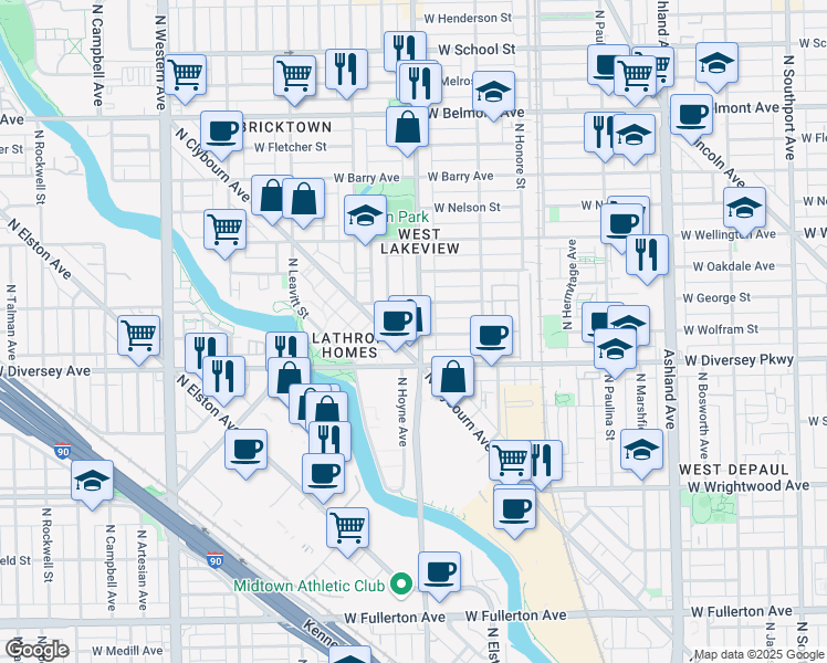 map of restaurants, bars, coffee shops, grocery stores, and more near 2832 North Damen Avenue in Chicago