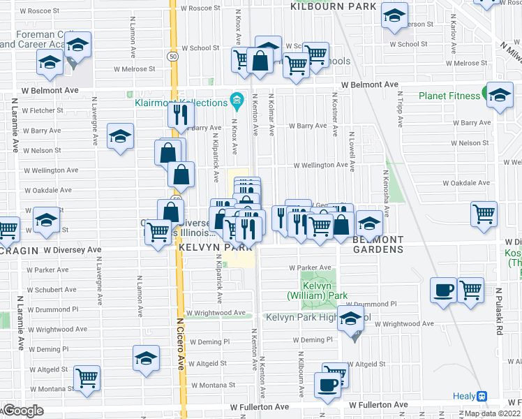 map of restaurants, bars, coffee shops, grocery stores, and more near 4587 West George Street in Chicago
