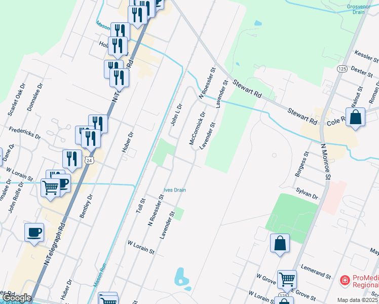 map of restaurants, bars, coffee shops, grocery stores, and more near 1117 McCormick Drive in Monroe