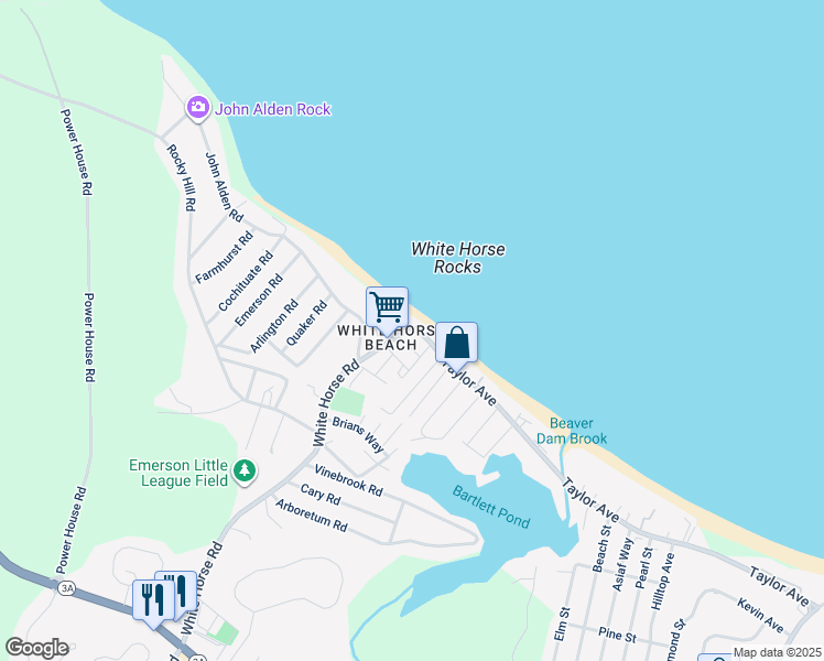 map of restaurants, bars, coffee shops, grocery stores, and more near 58 Priscilla Beach Road in Plymouth