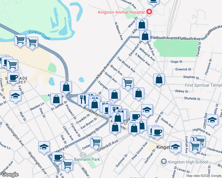 map of restaurants, bars, coffee shops, grocery stores, and more near 99 Elmendorf Street in Kingston