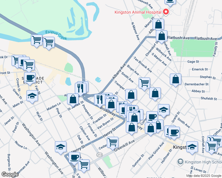 map of restaurants, bars, coffee shops, grocery stores, and more near 233 Tremper Avenue in Kingston