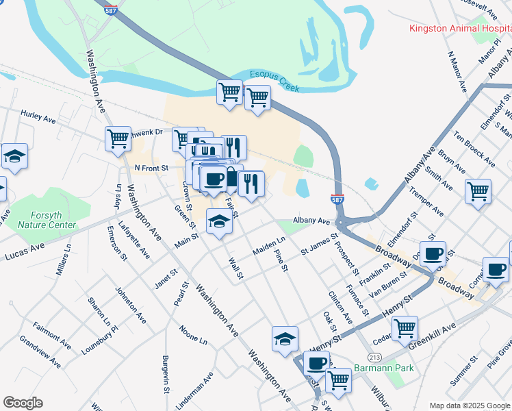 map of restaurants, bars, coffee shops, grocery stores, and more near 2 John Street in Kingston