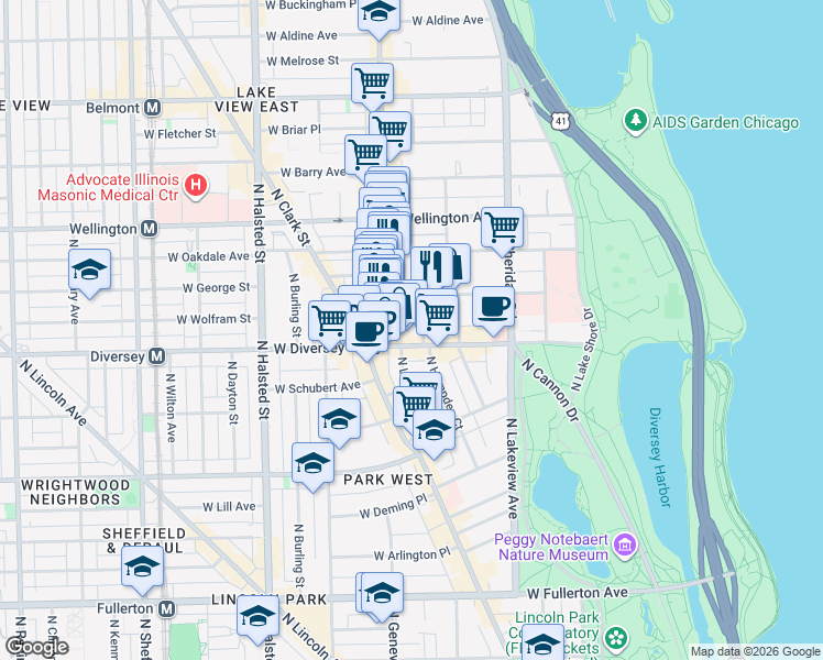 map of restaurants, bars, coffee shops, grocery stores, and more near 555 West Surf Street in Chicago