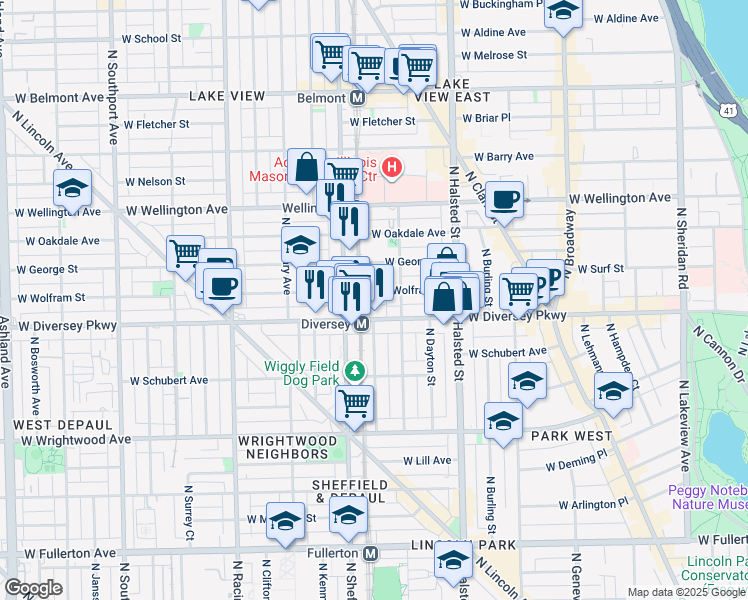 map of restaurants, bars, coffee shops, grocery stores, and more near 924 West Wolfram Street in Chicago