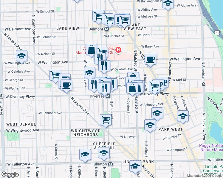 map of restaurants, bars, coffee shops, grocery stores, and more near 929 West Wolfram Street in Chicago