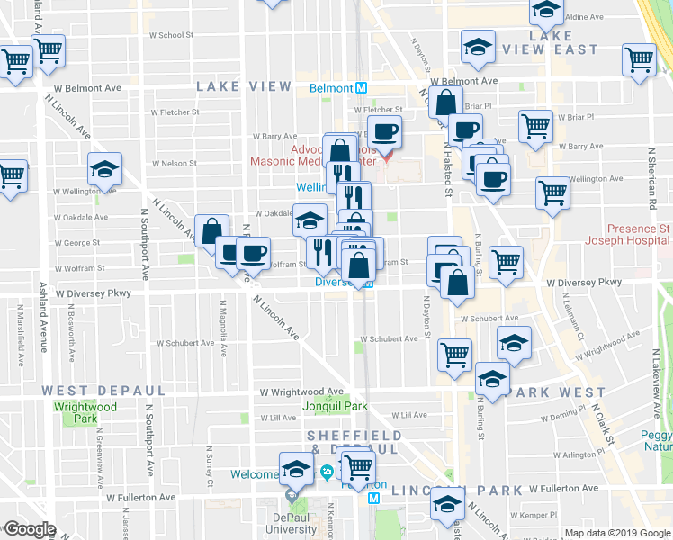 map of restaurants, bars, coffee shops, grocery stores, and more near 1015 West Wolfram Street in Chicago