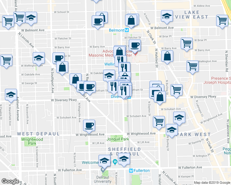 map of restaurants, bars, coffee shops, grocery stores, and more near 2851 North Seminary Avenue in Chicago