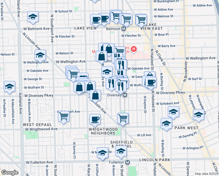 map of restaurants, bars, coffee shops, grocery stores, and more near 2851 North Seminary Avenue in Chicago