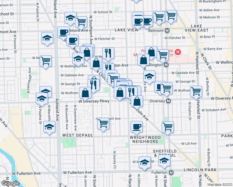 map of restaurants, bars, coffee shops, grocery stores, and more near 2853 North Lincoln Avenue in Chicago
