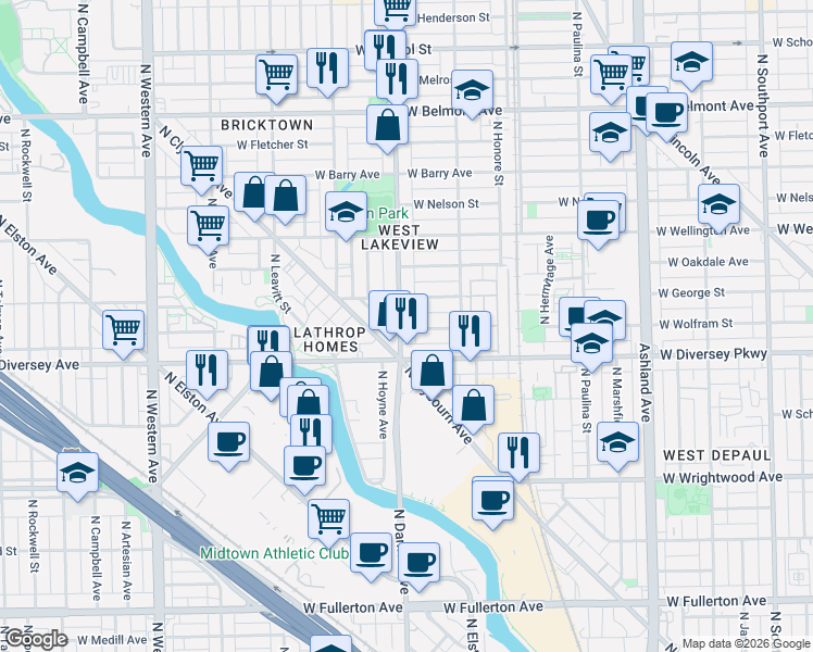 map of restaurants, bars, coffee shops, grocery stores, and more near in Chicago