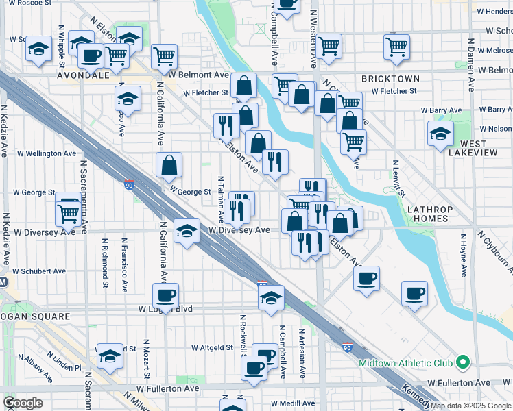map of restaurants, bars, coffee shops, grocery stores, and more near 2526 West George Street in Chicago
