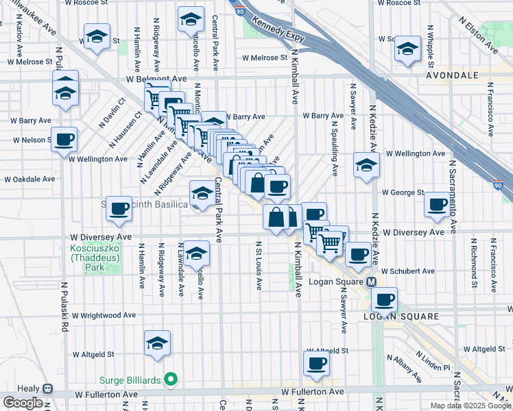 map of restaurants, bars, coffee shops, grocery stores, and more near 2931 North Milwaukee Avenue in Chicago