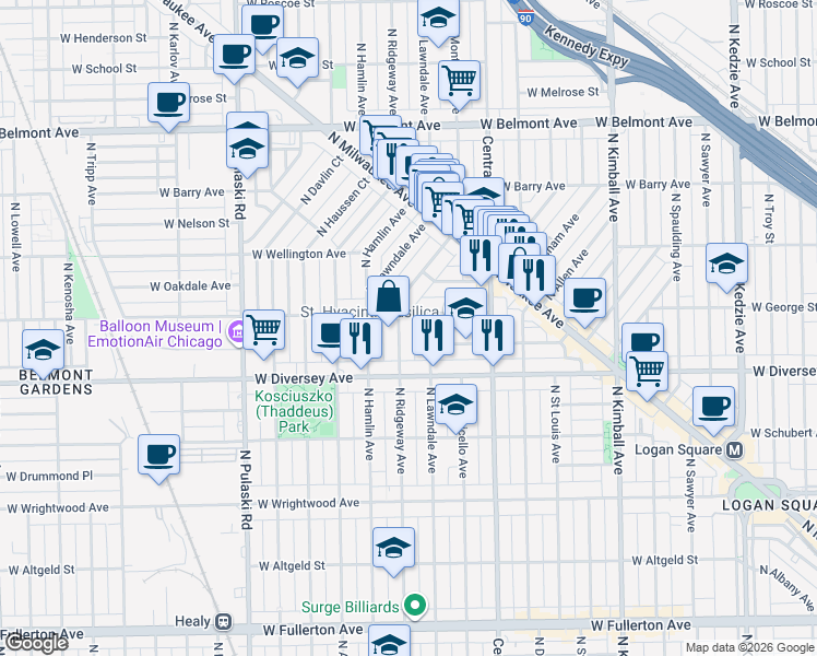map of restaurants, bars, coffee shops, grocery stores, and more near 3706 West George Street in Chicago