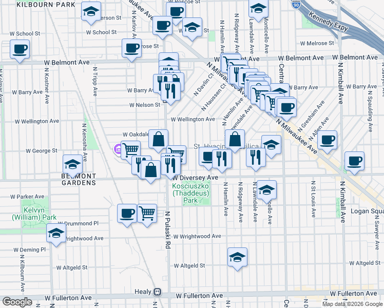 map of restaurants, bars, coffee shops, grocery stores, and more near 2907 North Springfield Avenue in Chicago
