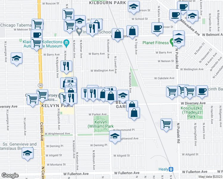 map of restaurants, bars, coffee shops, grocery stores, and more near 2913 North Kostner Avenue in Chicago